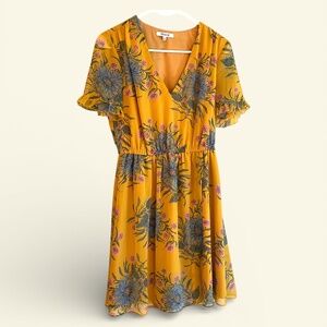 Madewell Poly Chiffon Faux Wrap Gold Flowered Short Sleeve Mini Dress Size 2